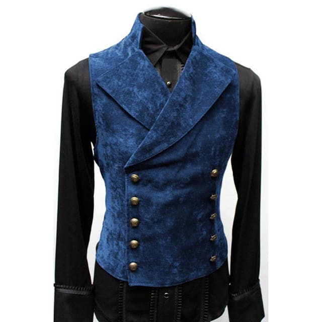 Double Breasted Gothic Steampunk Velvet Stand Collar Men Vest Blue / S JACKETS