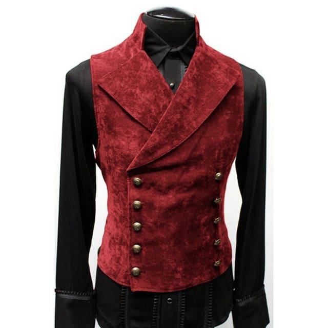 Double Breasted Gothic Steampunk Velvet Stand Collar Men Vest Red / L JACKETS