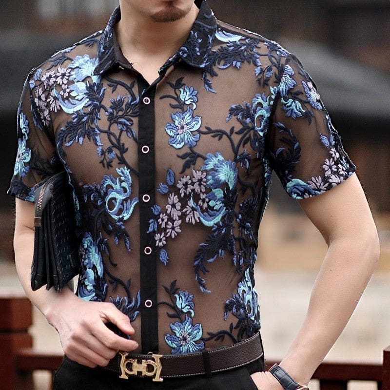 embroidery men transparent shirt