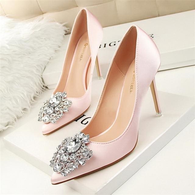 faux silk satin rhinestone crystal shallow women high heels