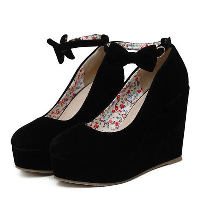 female flock platform buckle ankle strap bowtie shoes