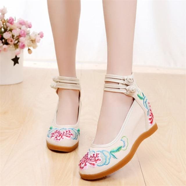 flower embroidered ankle strap ladies denim cotton wedged canvas shoes