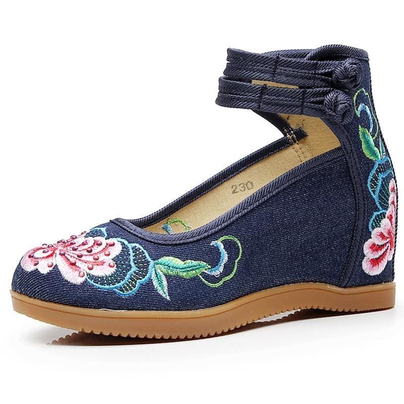 flower embroidered ankle strap ladies denim cotton wedged canvas shoes