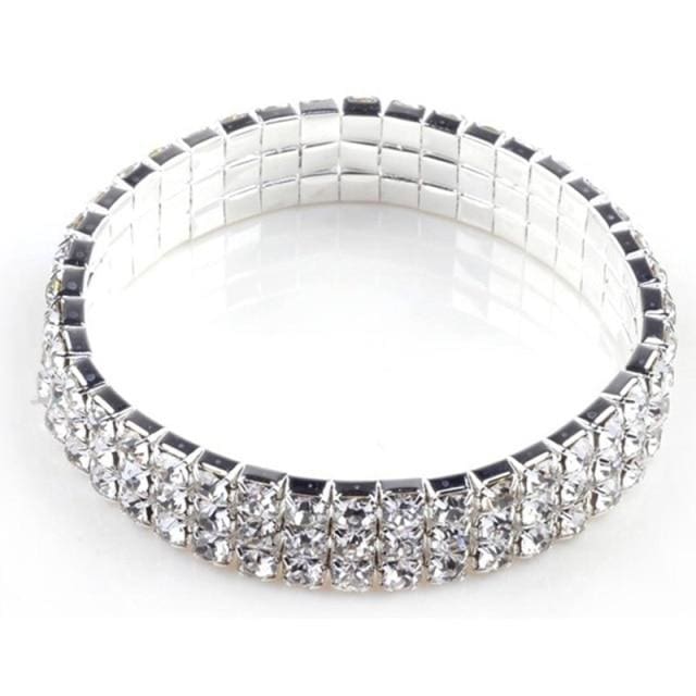 full crystal rhinestone elastic bracelet bridal jewelry 3 rows silver