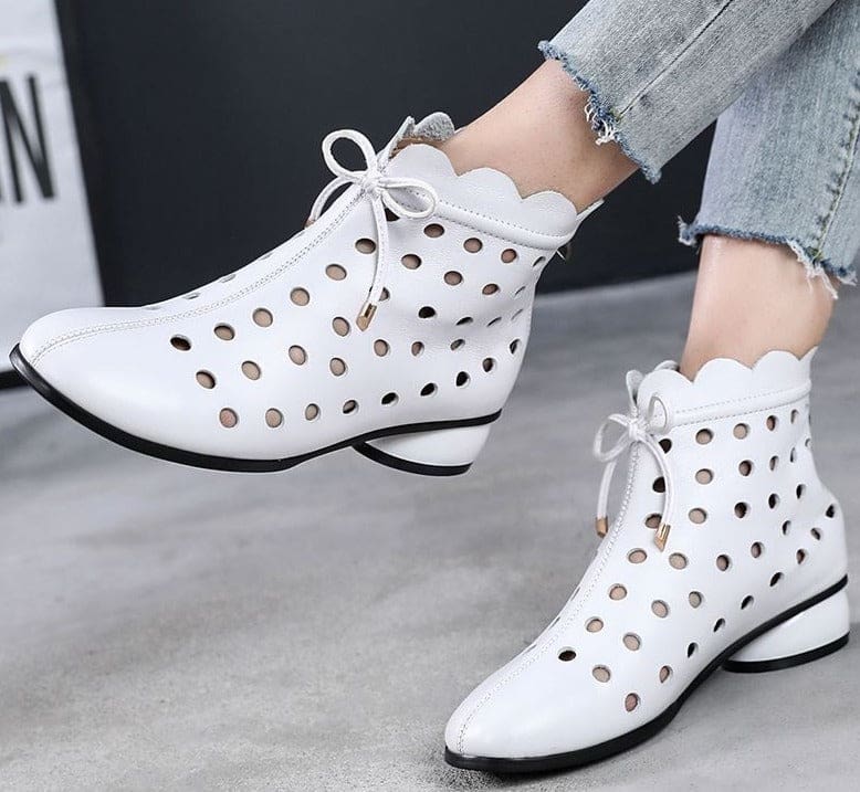 genuine leather back zipper cutout breathable summer ankle boots