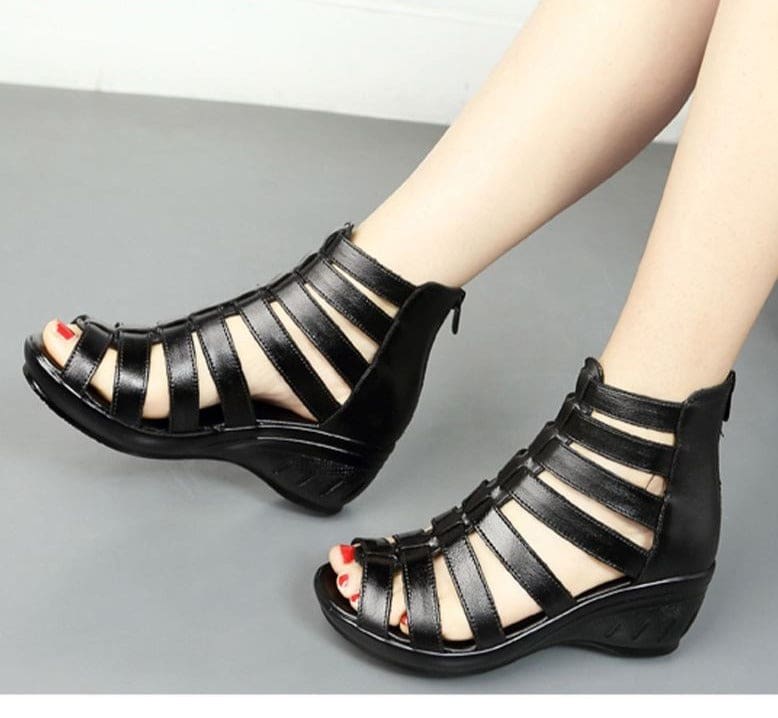 Genuine Leather Classic Black Peep Toe Gladiator Women High Heels HIGH HEELS