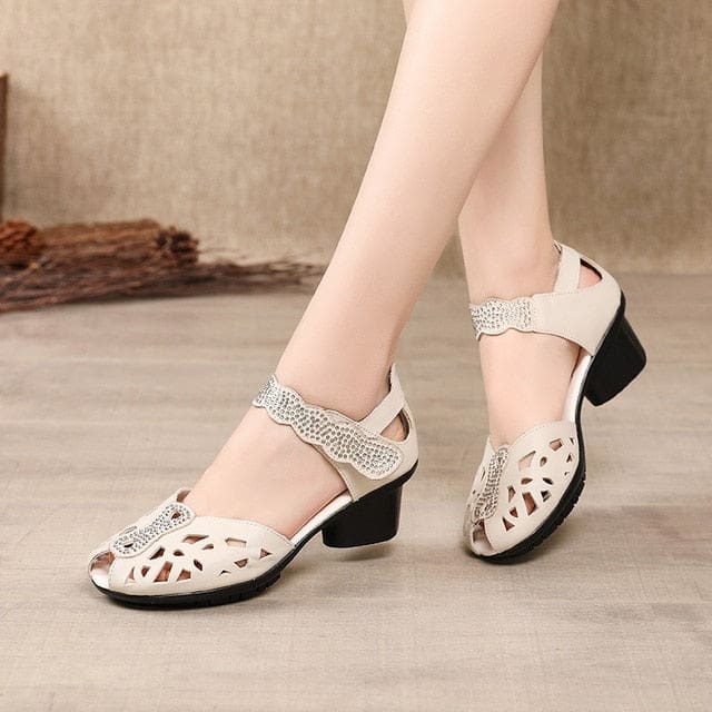 Genuine Leather Classic Black Peep Toe Hollow Ladies Sandals Beige / 10 HIGH HEELS