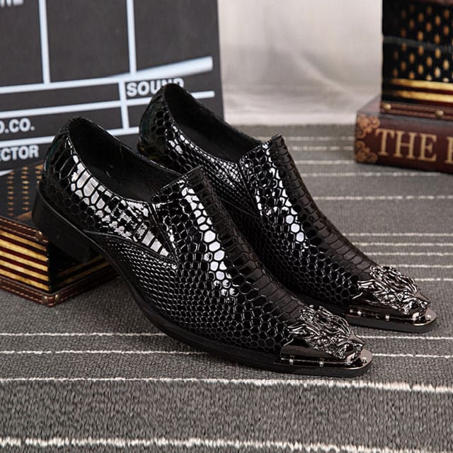 Genuine Leather Dragon Head Pointed Snake Embossed Men Dress Shoes Black-1 / 41 MEN SHOES