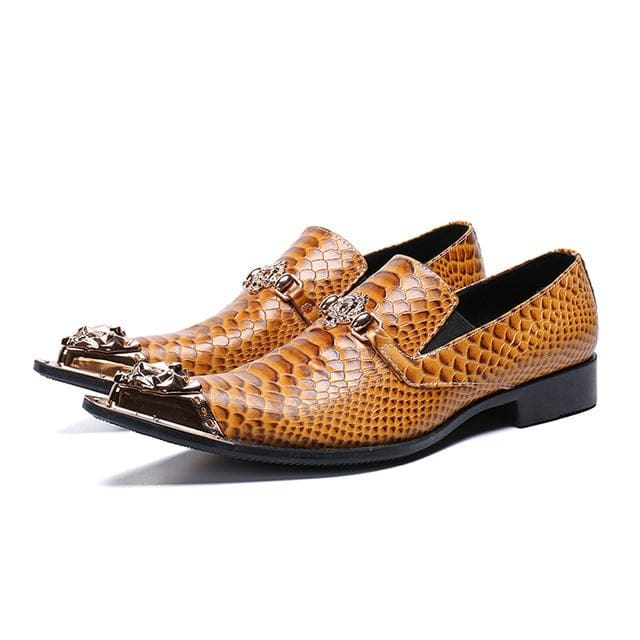 Genuine Leather Dragon Head Pointed Snake Embossed Men Dress Shoes Orange / 39 MEN SHOES