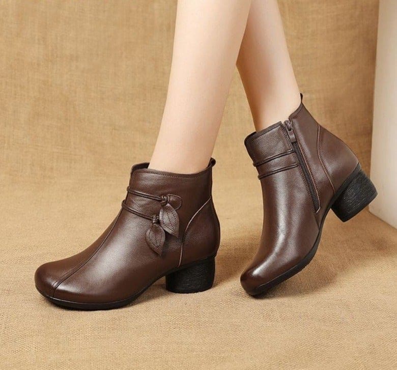 genuine leather flowers zipper retro winter thick heel ankle boots