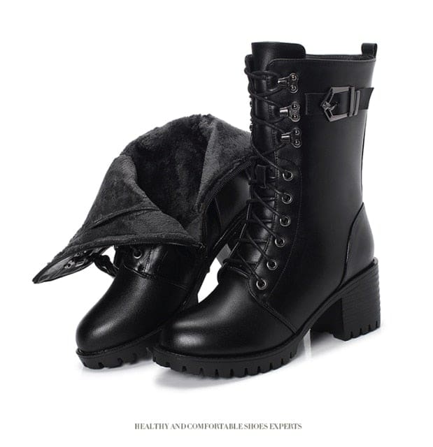genuine leather high-heeled wool warm winter boots for women