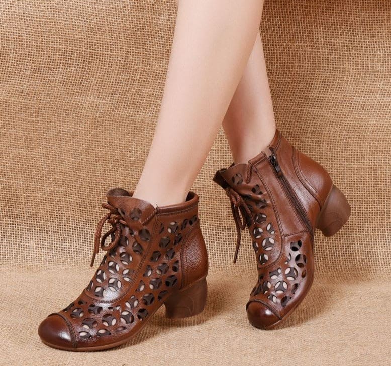 Genuine Leather Med High Heel Back Zipper Summer Ankle Women Boots HIGH HEELS