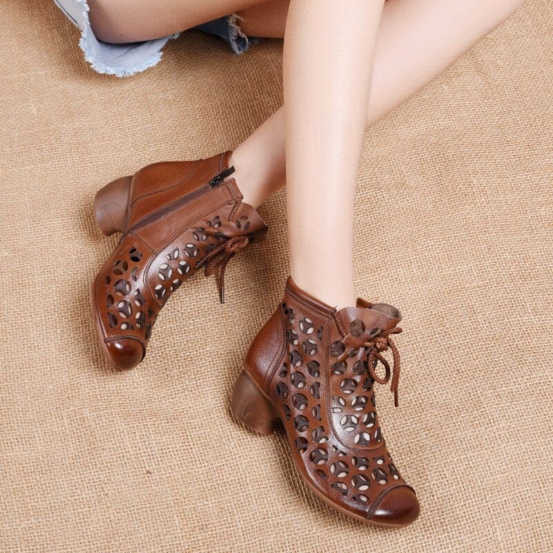 Genuine Leather Med High Heel Back Zipper Summer Ankle Women Boots HIGH HEELS
