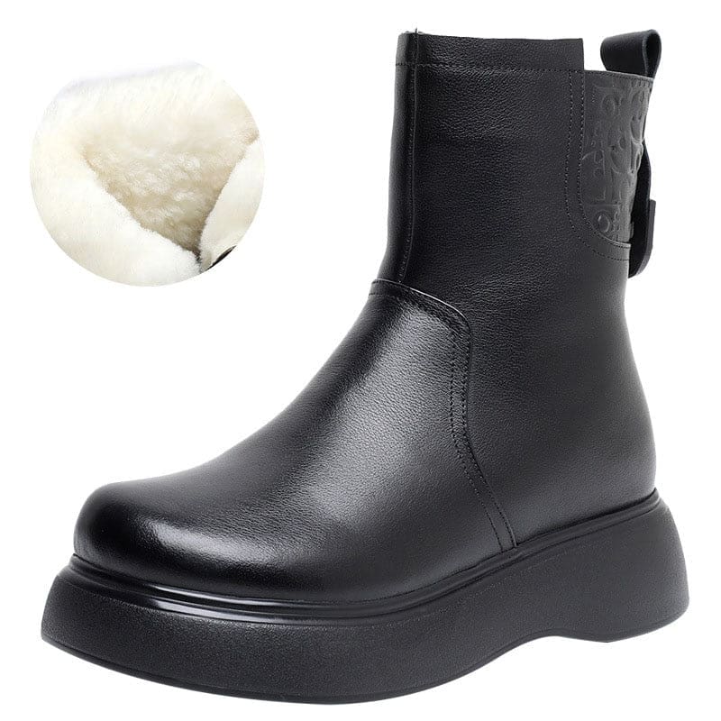 Genuine Leather Natural Wool Fur Platform Mid Calf Snow Boots For Women Black / 6.5 WOMEN BOOTS