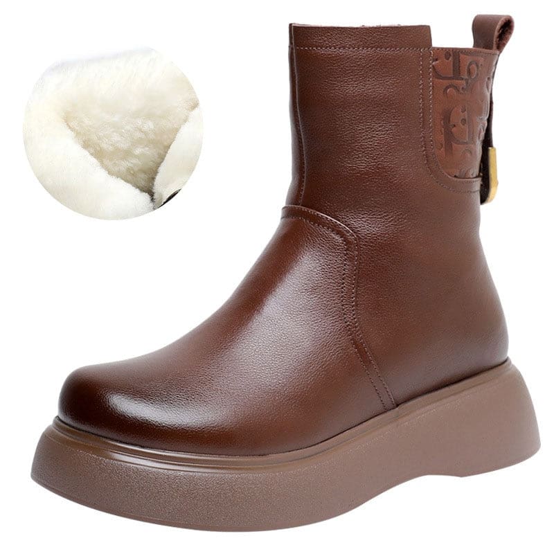 Genuine Leather Natural Wool Fur Platform Mid Calf Snow Boots For Women WOMEN BOOTS