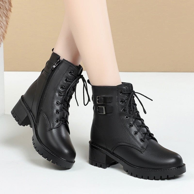 genuine leather natural wool warm mid-heel snow boots for women