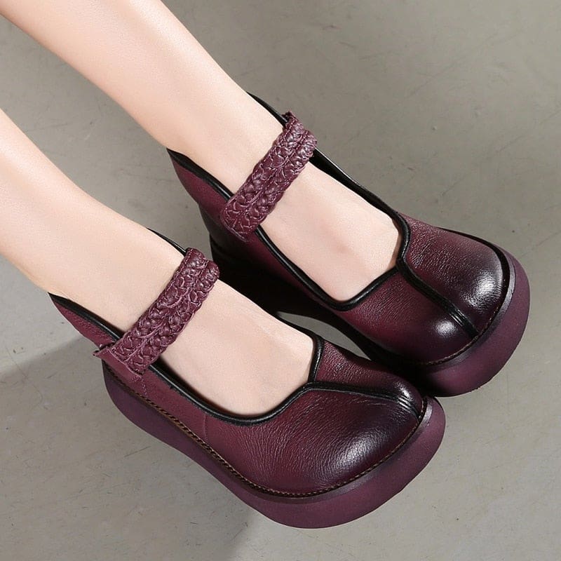 genuine leather platform wedges round toes ankle strap women pumps