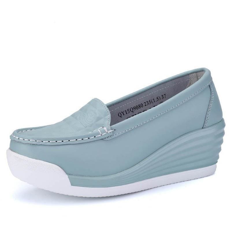 genuine leather platform wedges shallow mouth slip-on high heels