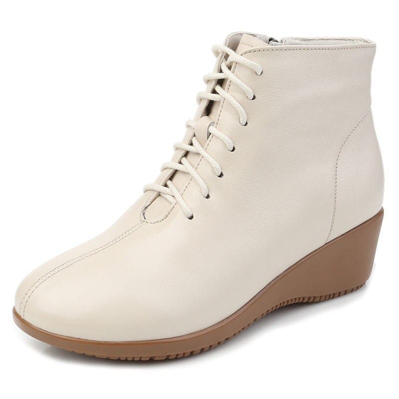 Genuine Leather Plush Warm Lace-Up Wedges Comfortable Women Ankle Boots HIGH HEELS