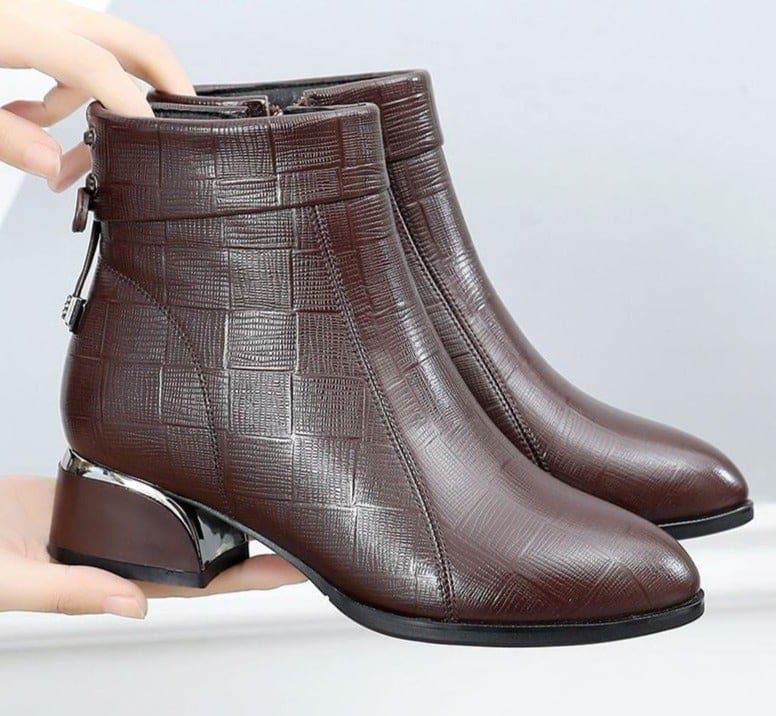 genuine leather pointed toe thick heels ankle boots