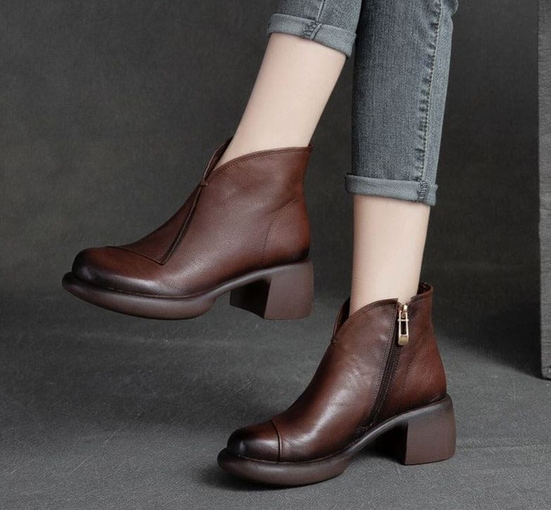 Genuine Leather Round Toe Square Heel Zip Handmade Leisure Women Boots HIGH HEELS