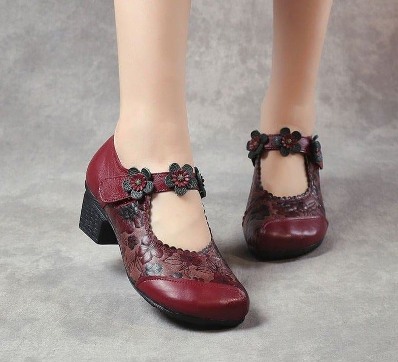 genuine leather round toe women thick heel flowers handmade shoes