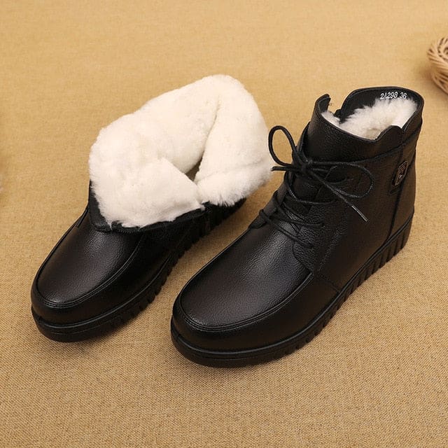 Genuine Leather Thick Wool Fur Flat Heels Women Snow Boots Black / 10 WOMEN BOOTS
