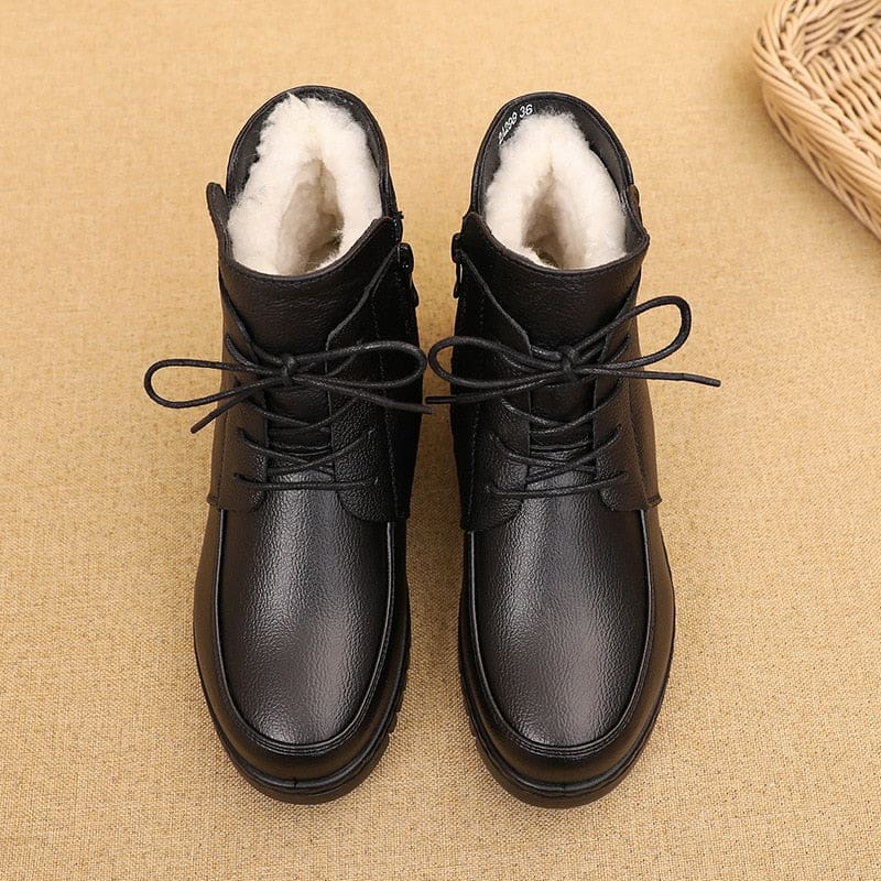 Genuine Leather Thick Wool Fur Flat Heels Women Snow Boots WOMEN BOOTS