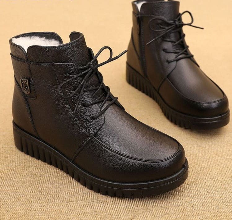 Genuine Leather Thick Wool Fur Flat Heels Women Snow Boots WOMEN BOOTS