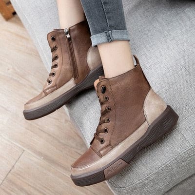 Genuine Leather Zip Plush Warm Soft Sewing Retro Ankle Winter Women Shoes Khaki / 6.5 HIGH HEELS