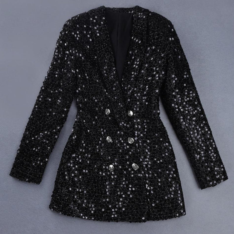 high quality double lion buttons shawl collar glitter sequined long runway black blazers