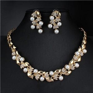 imitation gold colors pearl necklace earrings dubai jewelry set light yellow gold color