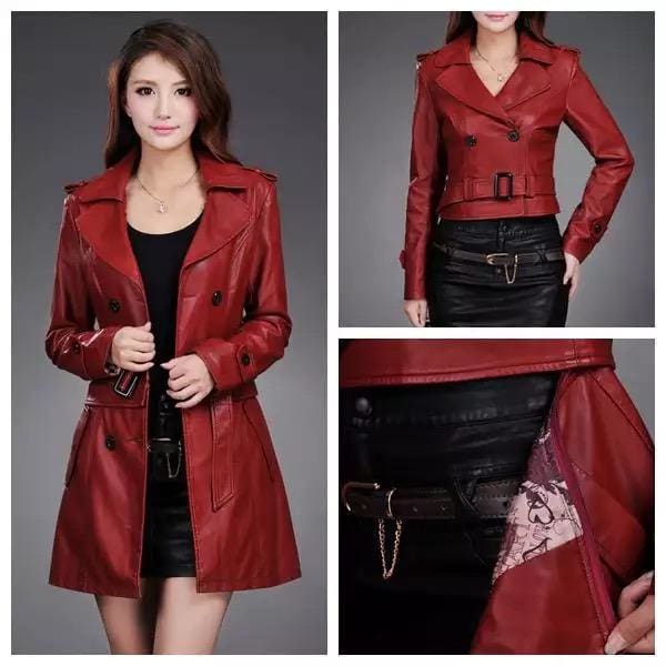 ladies faux synthetic long leather trench coat
