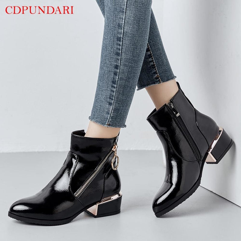 low heel black zipper ankle boots for women