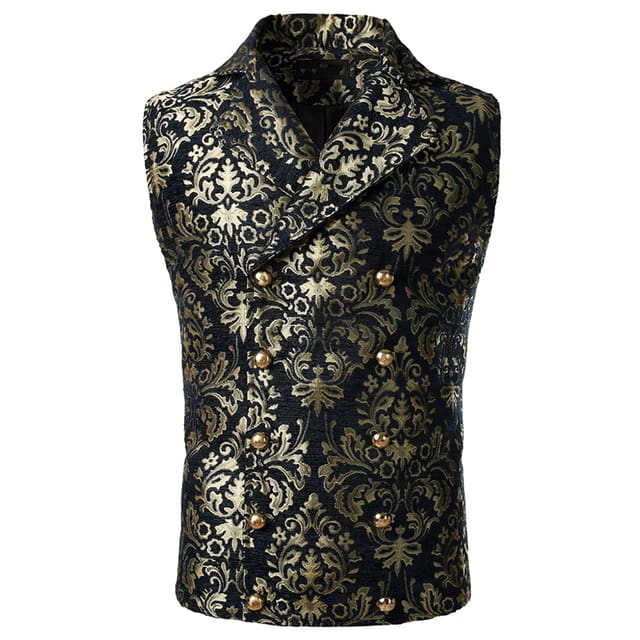 Luxury Brocade Victorian Gothic Double Breasted Men Vest Black / US Size XL JACKETS
