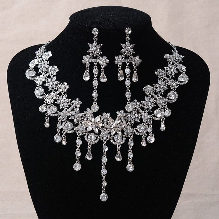 luxury silver color crystal flowers rhinestone tiara bridal jewelry set