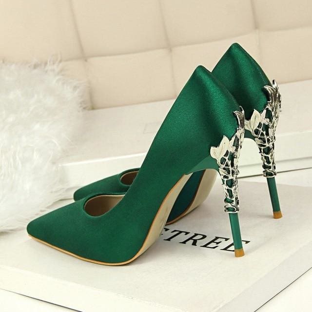 metal carved thin heel sexy pointed toe ladies shoes