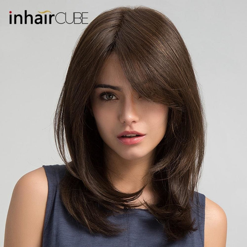 natural wave side parting synthetic lace wigs with bangs