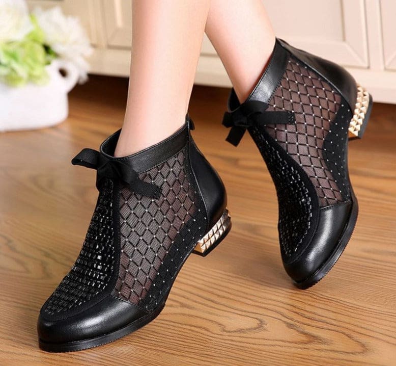 new bow genuine leather hollow mesh ankle women boots