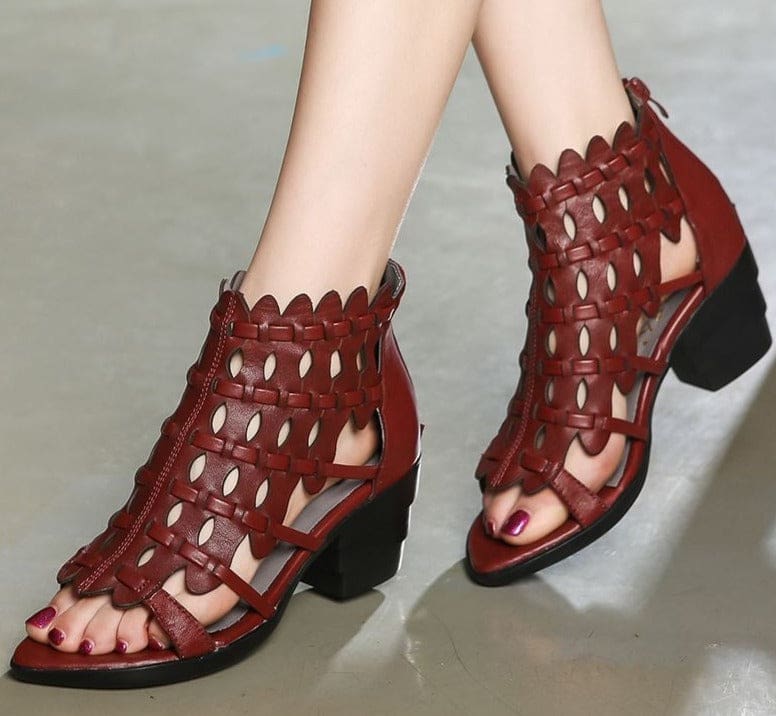 New Elegant Retro Style Hand-Woven Real Leather Sandals HIGH HEELS