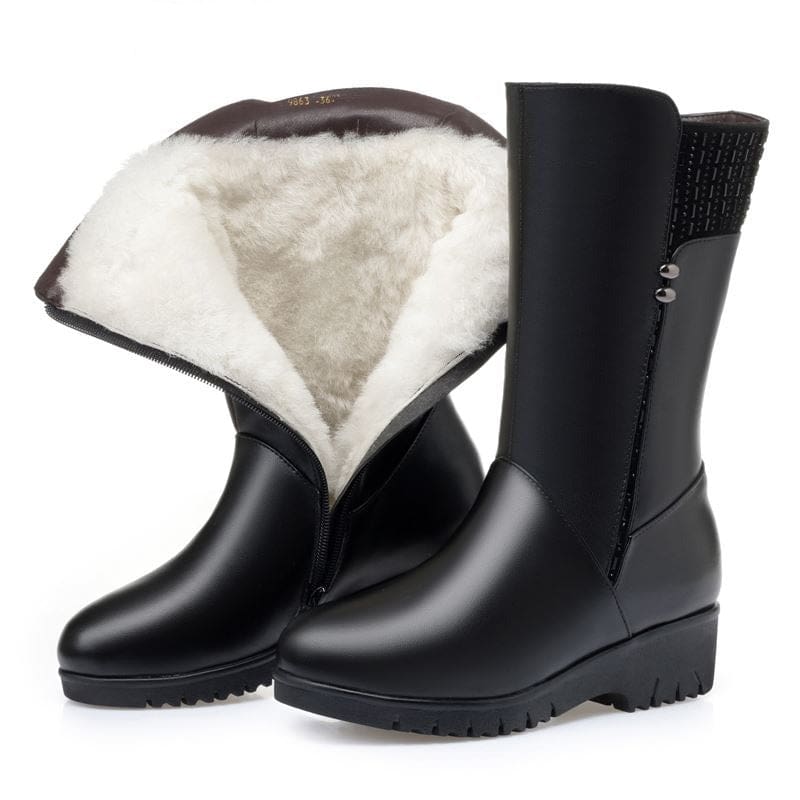 New Winter Cow Leather Wedges Inside Plush Wool Women Snow Boots WOMEN BOOTS