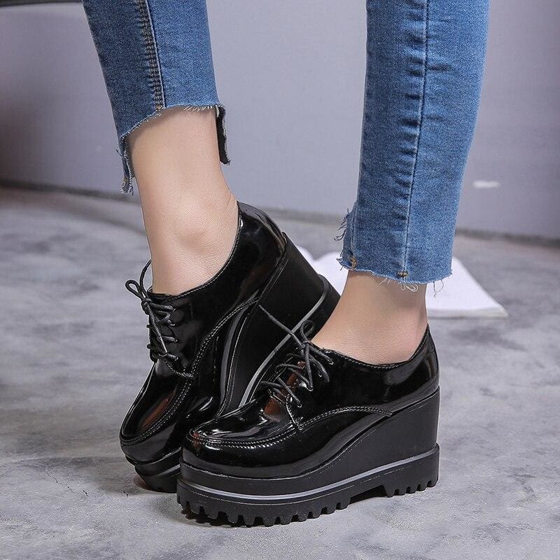 patent leather tassels women creepers platform casual high heels