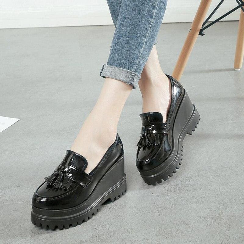 patent leather tassels women creepers platform casual high heels