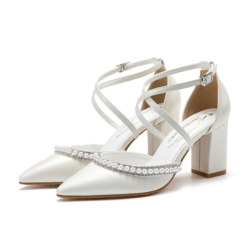 Pearl Rhinestones Pointed Toe Thick Sexy Women High Heels HIGH HEELS