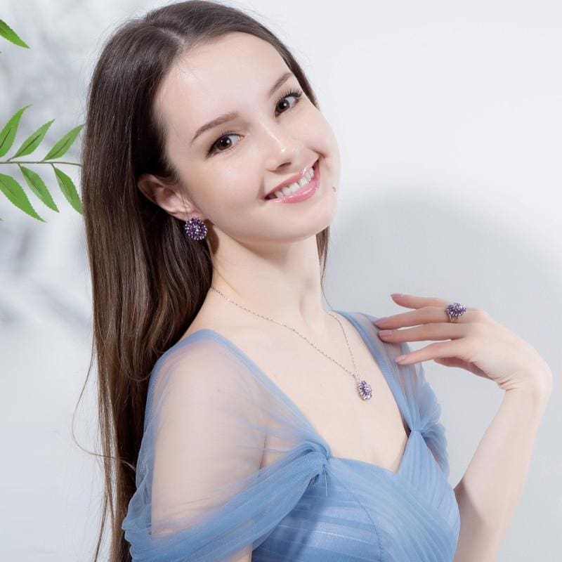 pera romantic purple amethyst cz topaz round flower shape silver 925 necklace earrings jewelry set