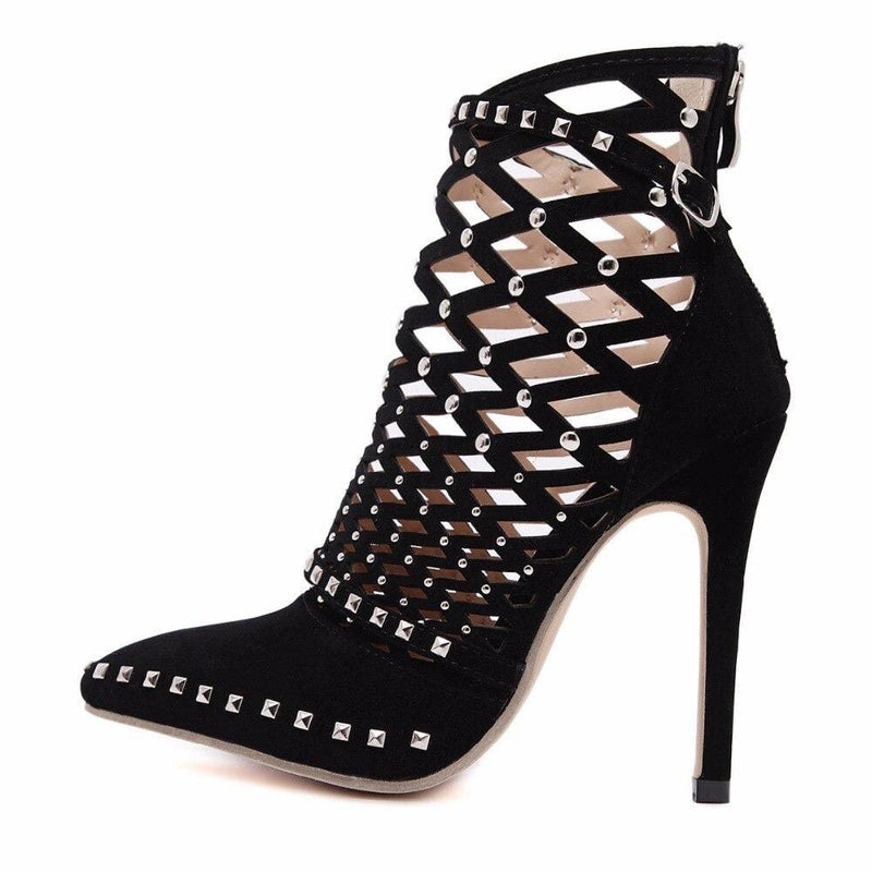 pointed toe high heels flock cut-outs rivets party dress stiletto