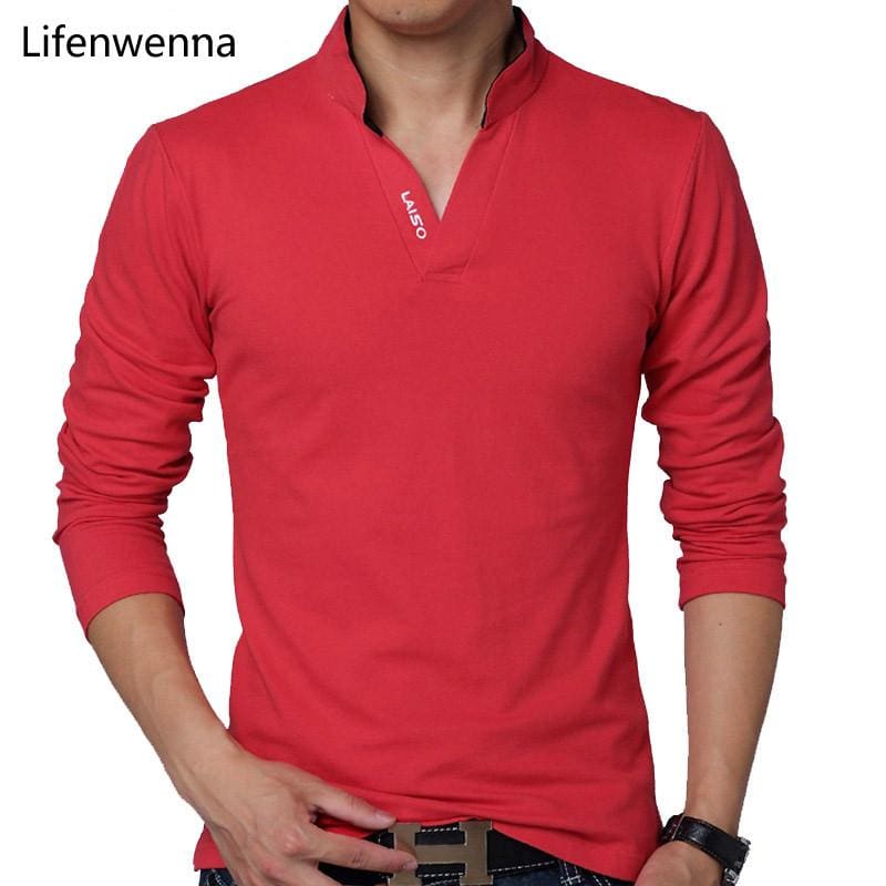 polo men shirt solid color long-sleeve slim fit