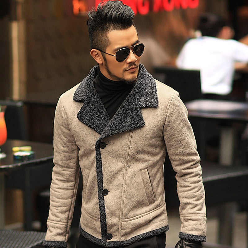 autumn vintage old leather jacket men wool lining warm fur collar jacket