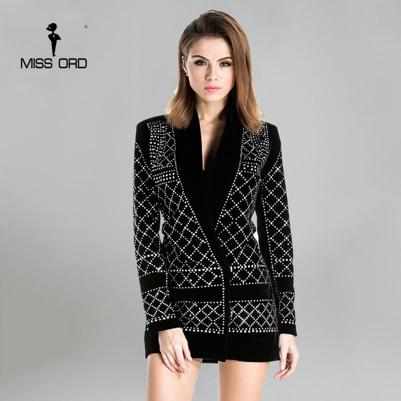 sexy v-neck long-sleeved geometric studded velvet blazer dress