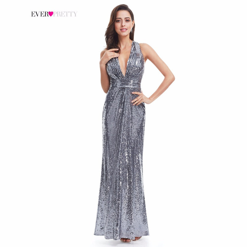 evening dress sparkle ever pretty long deep v-neck natural waist ep07109gy mesh cross back shiny sequin evening dress